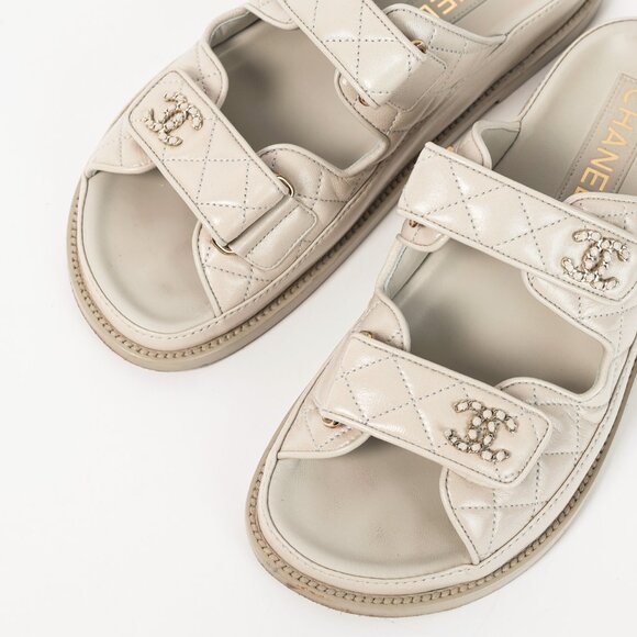 Chanel Light-Grey Lambskin Quilted CC Chain Velcro Dad Sandals - Picture 7 of 13